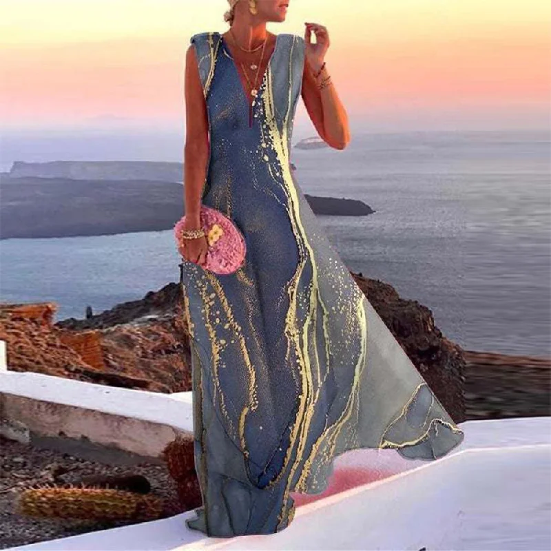 Skyrise Gold Beach Marble Print Sleeveless Maxi Dress Trendy Off-Shoulder Ruffle Maxi Dress