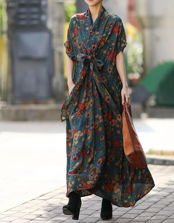 Oversized Loose Silk Printed Floral Maxi Dress Fashionable High-Waist Maxi Dress