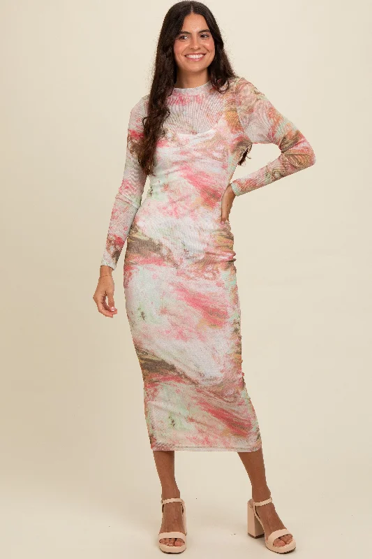 Pink Abstract Printed Mesh Overlay Maxi Dress Elegant Maxi Dress with Ruffles