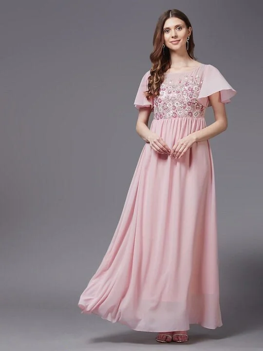 Pink Embellished Embroidered Georgette Maxi Dress For Women Comfortable Cotton Maxi Dress