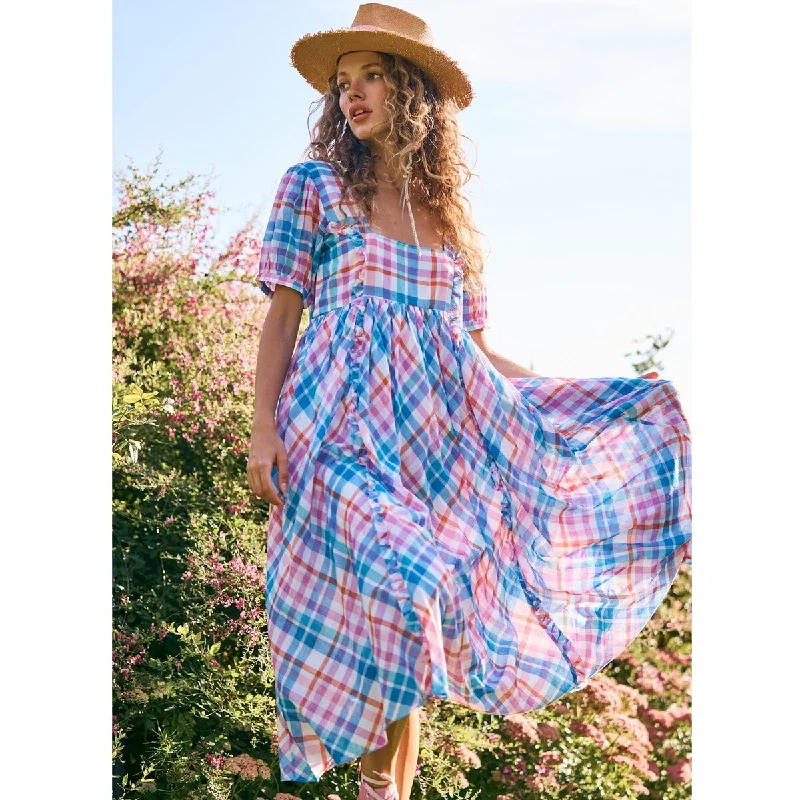 BerriesJam - 2024Plaid Pattern Square Neck Lantern Sleeve Maxi Dress Cozy Ruffle Sleeve Maxi Dress