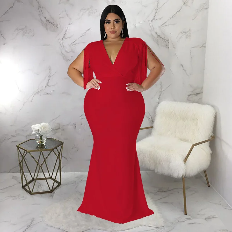 Plus Size Women Dress Sexy Tassel V neck Long Sleeve Slim Fit Maxi Dress Elegant Tiered Maxi Dress