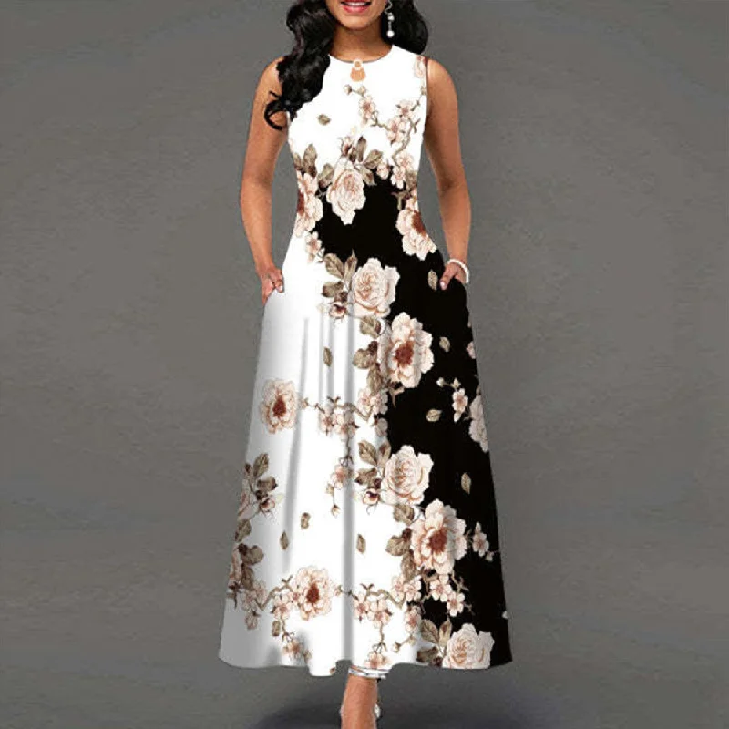 Black and White Color Block Floral Print Maxi Dress Trendy Satin Maxi Dress