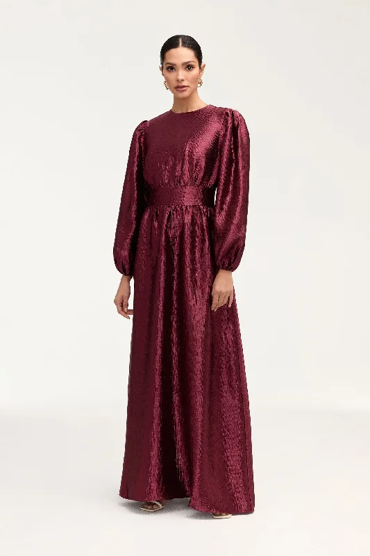 Raya Balloon Sleeve Maxi Dress - Burgundy Trendy Button Front Maxi Dress