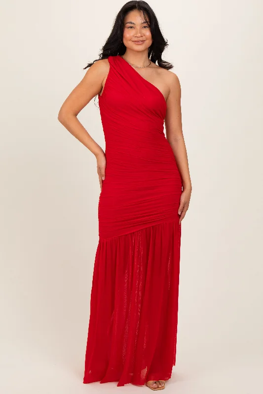 Red Ruched Mesh One Shoulder Maxi Dress Fashionable Open-Back Maxi Dress