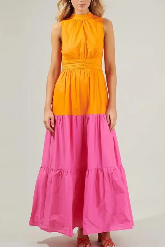 Riley Halter Maxi Dress in Orange & Pink Elegant Silk Maxi Dress