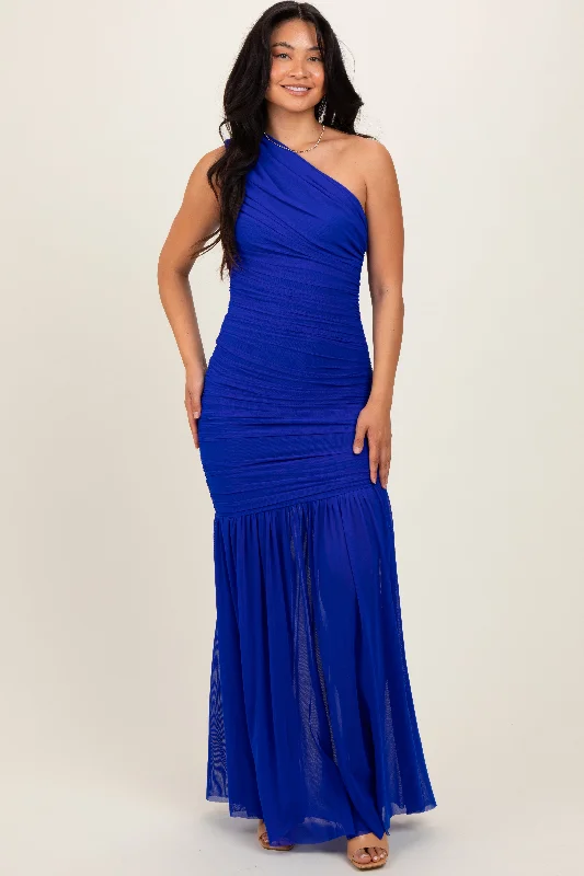 Royal Blue Ruched Mesh One Shoulder Maxi Dress Fashionable Open-Back Maxi Dress