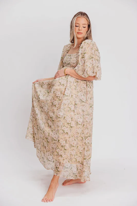 Melody Maxi Dress with Pleats and Bow Detail in Winter Floral - Bump Friendly & Inclusive Sizing (S-3XL) Comfortable Bohemian Maxi Dress