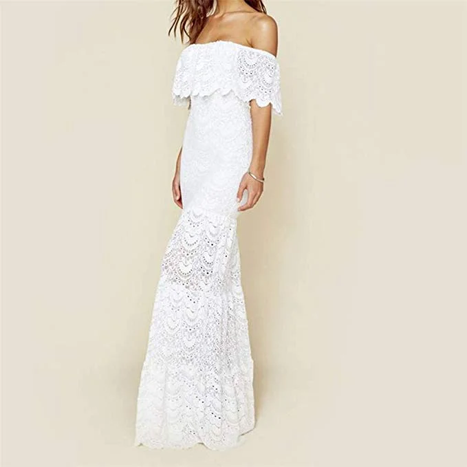 Sexy Off Shoulder Dress Ruffle White Lace Beach Wedding Party Long Maxi Dress Stylish Maxi Dress with Pleats