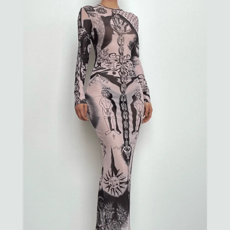 Sheer mesh abstract contrast see through long sleeve maxi dress Cozy Ribbed Maxi Dress