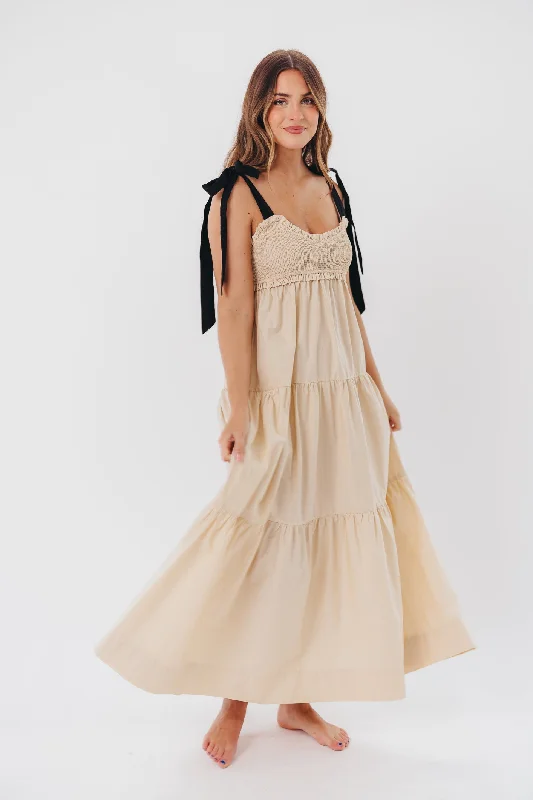 Amber Smocked Maxi Dress with Shoulder Tie in Taupe/Black Fashionable Maxi Dress with Fringe