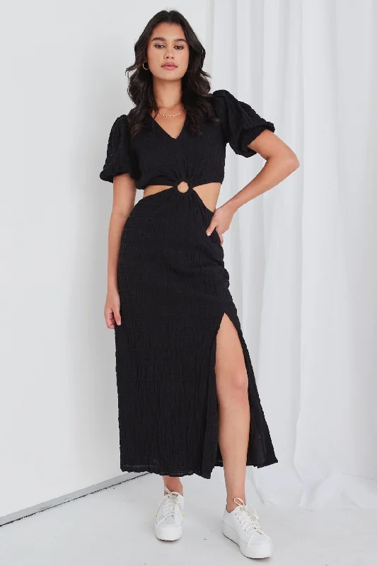 Skyler Black Shirred Cotton SS Cut Out Maxi Dress Stylish A-Line Maxi Dress