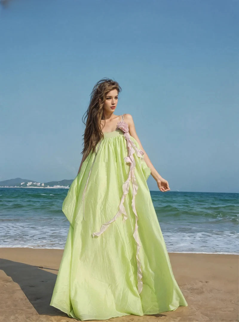 Soft Shoulder Flowing Lime Green Maxi Dress Stylish Button-Up Maxi Dress