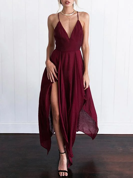 Spaghetti-neck Cropped Split-side Burgundy Maxi Dress Fashionable High-Waist Maxi Dress