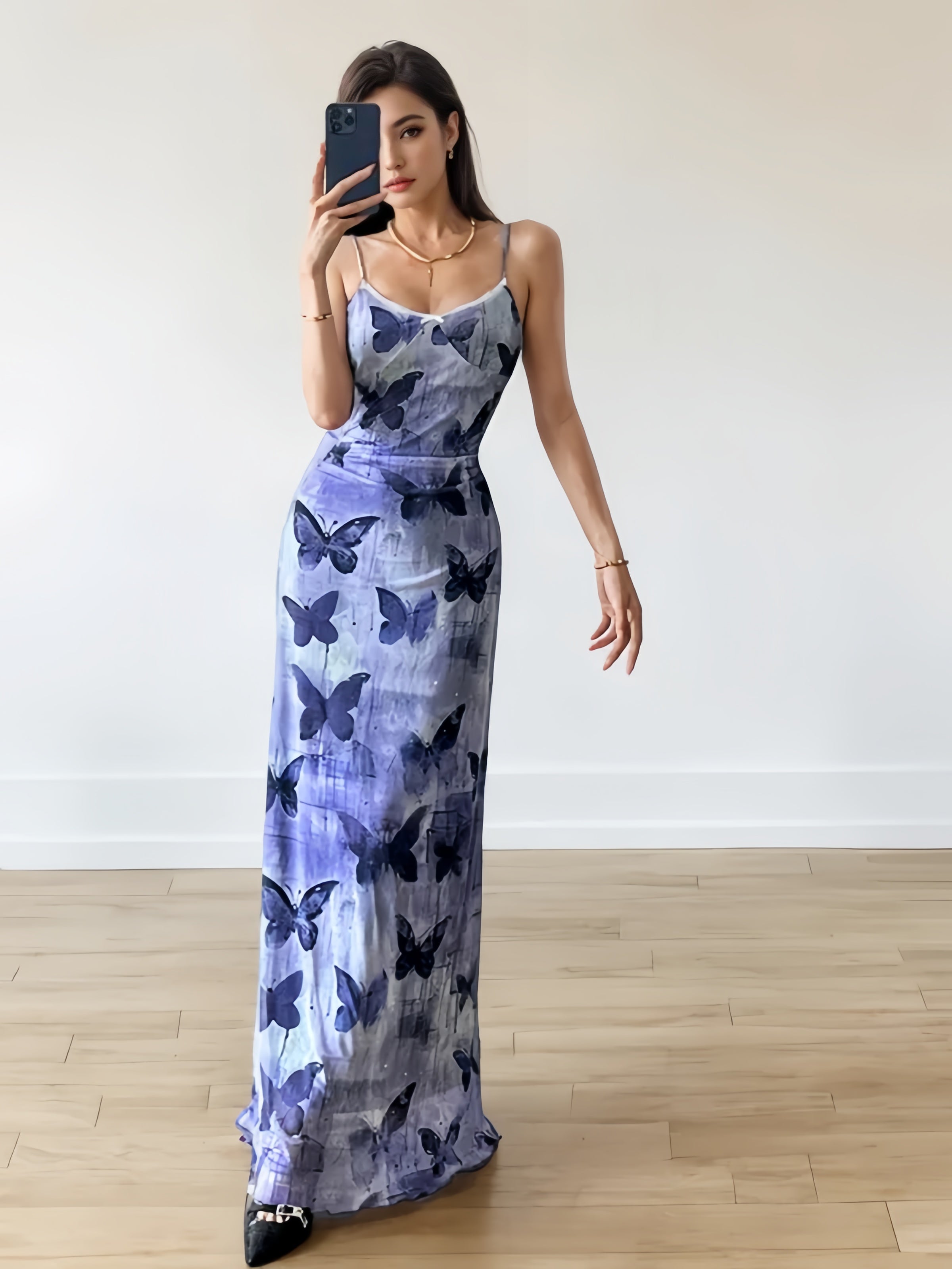 Spaghetti Straps Butterfly Print Maxi Dress Fashionable Halter Neck Maxi Dress