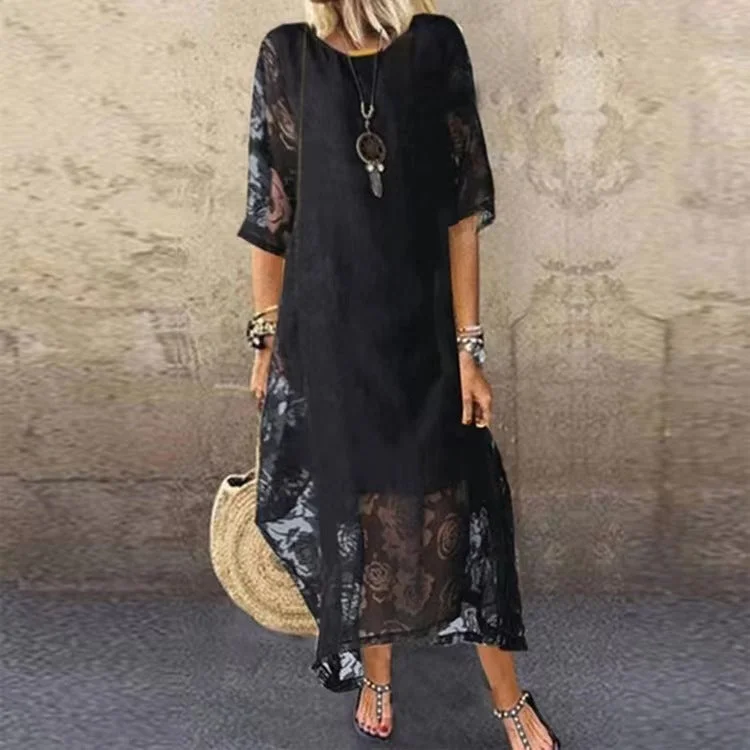 Summer Party 3/4 Sleeve Scoop Neck Maxi Dress Elegant Tiered Maxi Dress