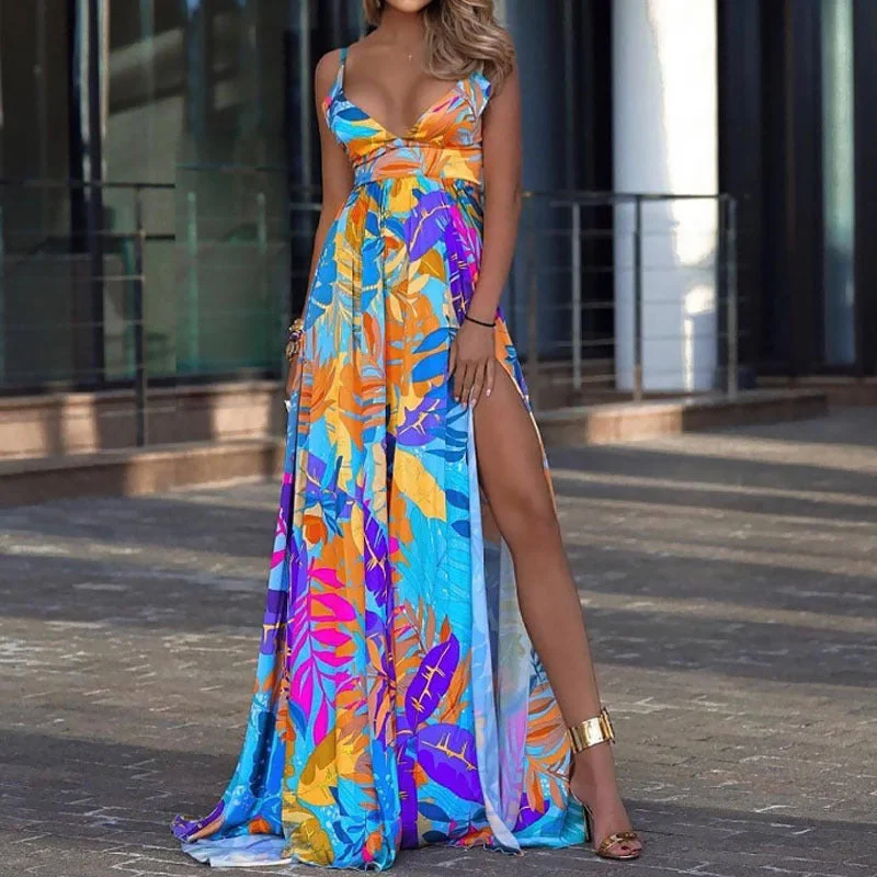 Sundress Spring New Leaf Four-Sided Stretch Dress Bohemian off-the-Shoulder Strap Tube Top Mop Dress Boho Vacation Maxi Dresses Comfortable Maxi Dress with Sleeves