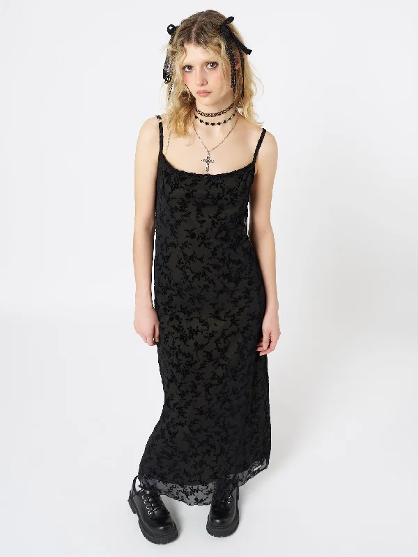 Titania Black Mesh Maxi Dress Cozy Open-Back Maxi Dress