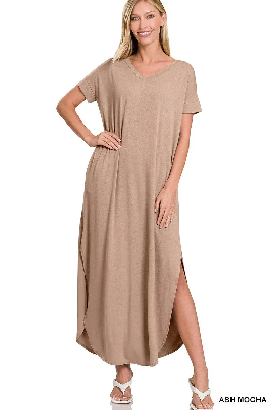 V Neck Short Sleeve Maxi Dress with Side Slits Cozy Wrap Maxi Dress