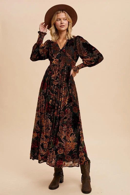 VERONICA VELVET BURNOUT BUTTON DOWN MAXI DRESS Chic Summer Floral Maxi Dress