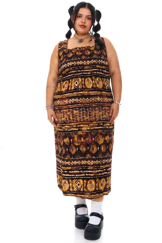 Vintage Y2K Earth Spiral Mixed Print Maxi Dress - XL/2X Classic Black Maxi Dress