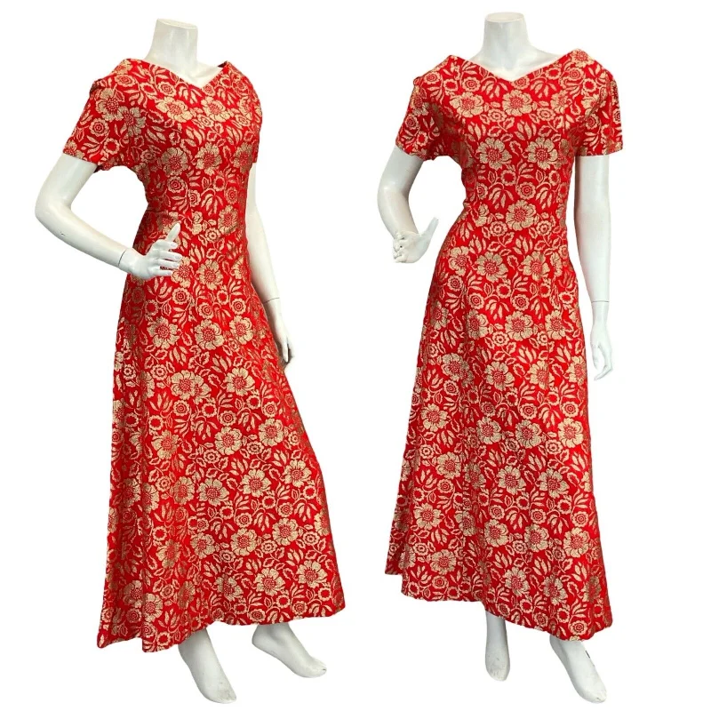 VTG 60S FOMR FITTING RED GOLD FLORAL EVENING PARTY SHORT SLEEVE MAXI DRESS 12 Chic Button-Up Maxi Dress