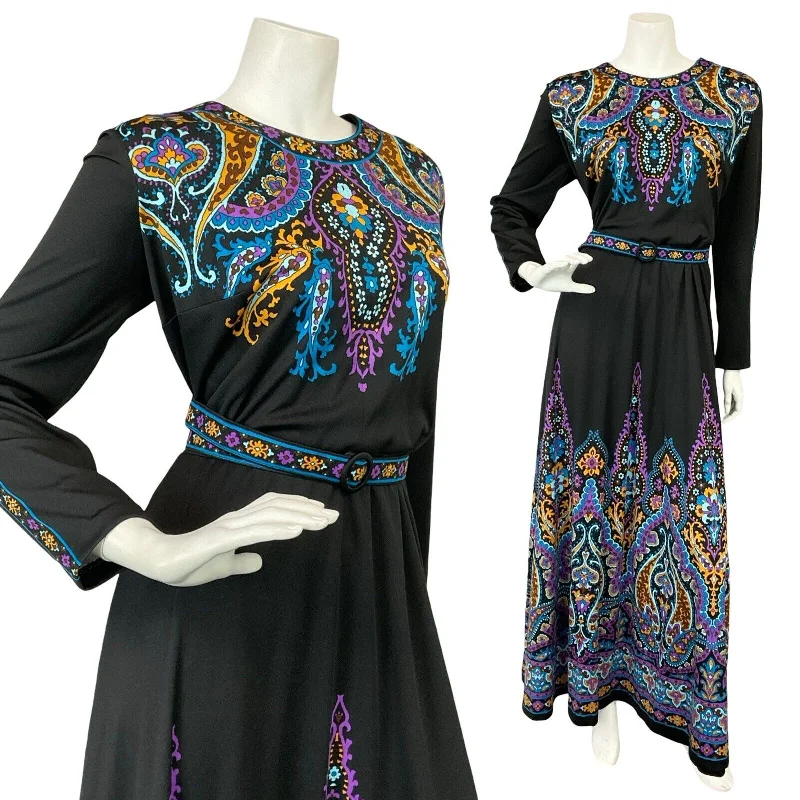 VTG 70S BLACK BLUE PURPLE BELTED PSYCHDELIC HIPPY MANDALA MAXI DRESS 16 18 L Fashionable Halter Neck Maxi Dress