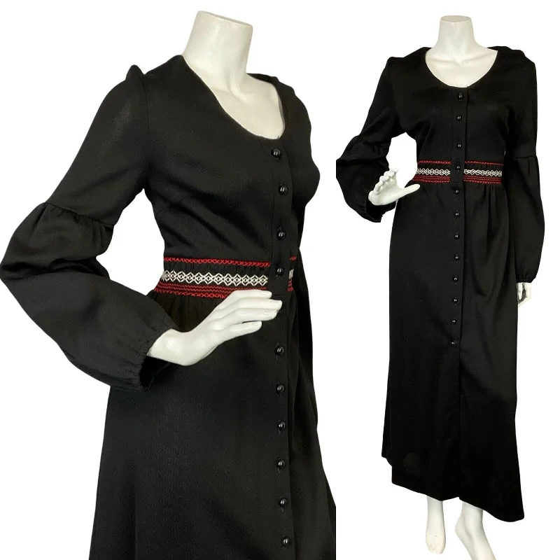 VTG 70S BLACK WHITE RED RUCHING JULIET SLEEVE BOHO HIPPY BUTTON UP MAXI DRESS 10 Elegant Tiered Maxi Dress