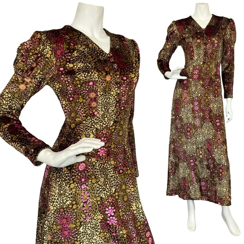 VTG 70S BOHO PRINCESS BROWN PINK DOTTY VELVET MUTTON SLEEVE V NECK MAXI DRESS 6 Classic A-Line Maxi Dress