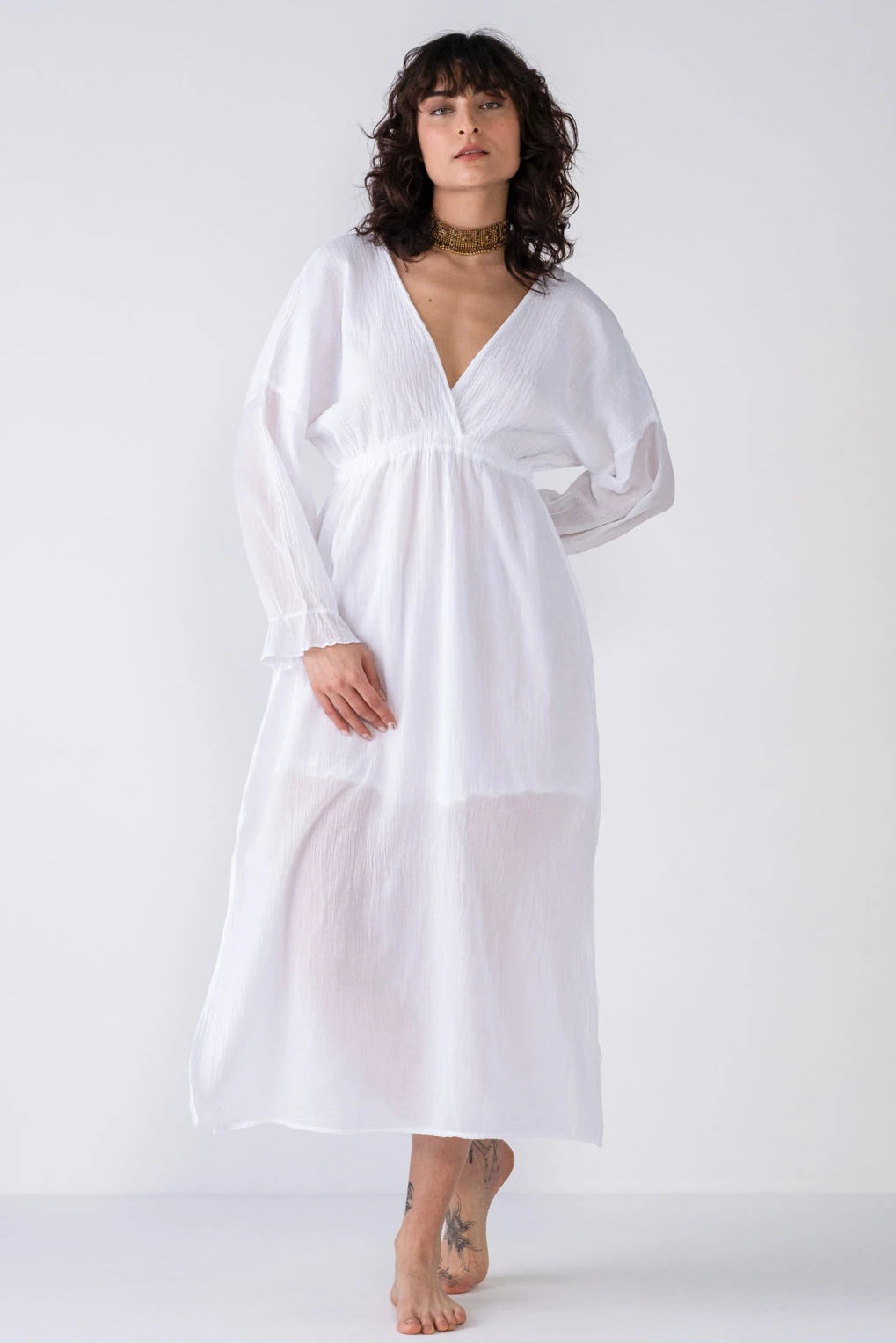 V-Neck Cotton Maxi Dress - White Fashionable Layered Maxi Dress