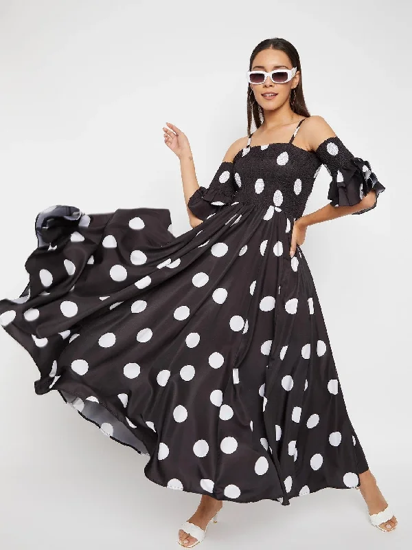 Women Black Base and White Polka Dot Printed Off Shoulder Maxi Dress Comfortable Bohemian Maxi Dress