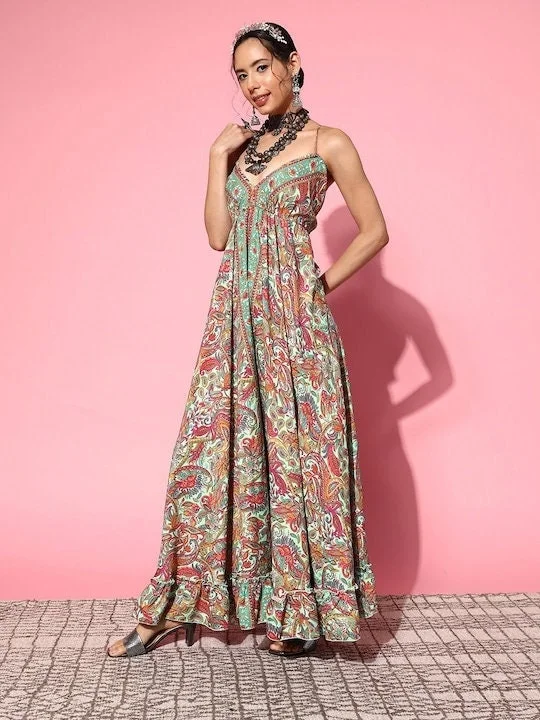 Women Floral Printed Backless Maxi Dress Trendy Satin Maxi Dress