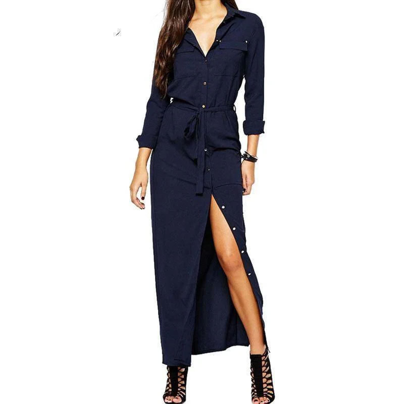 Women Long Sleeve Maxi Dress Spring New Fashion Collar Buttons Long Shirt Dresses Open Slit Women Casual Dress Green Blue (US 10-18W) Stylish Maxi Dress with Pleats