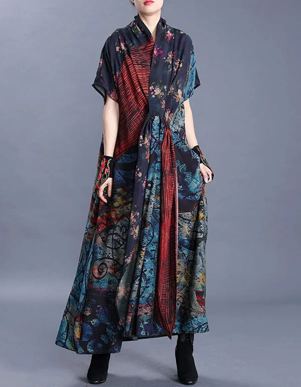 Women's V-neck Printed Vintage Maxi Dress Elegant Lace-Up Maxi Dress