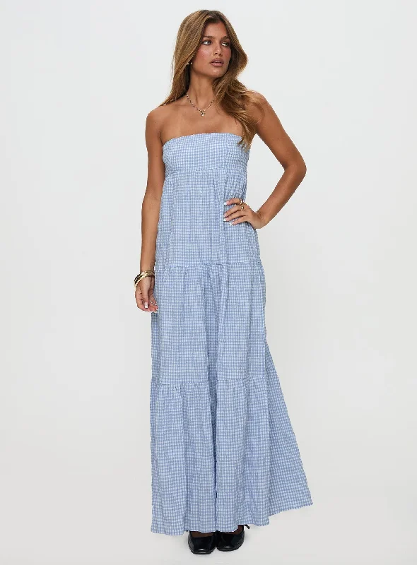 Wynnie Strapless Maxi Dress Blue Check Cozy Wrap Maxi Dress