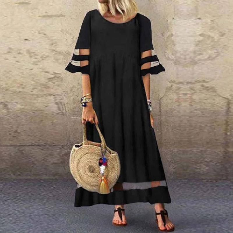 Summer Party Sheer Stripe Sleeve Scoop Neck Maxi Dress Trendy Maxi Dress with Bow