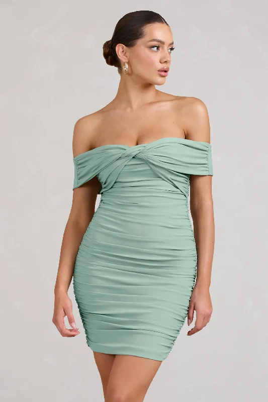 Appreciate | Sage Off The Shoulder Ruched Mini Dress Cozy A-Line Mini Dress