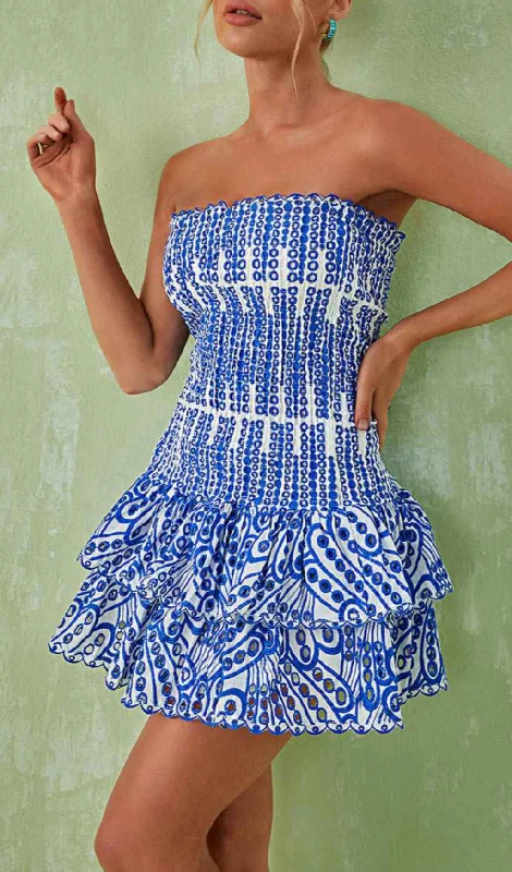 STRAPLESS RUFFLE MINI DRESS IN BLUE Comfortable Off-Shoulder Mini Dress