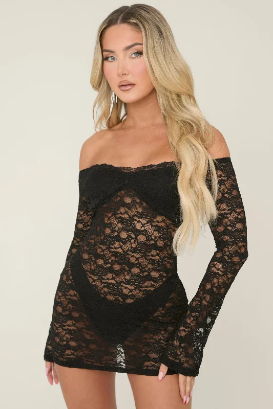 Black Lace Bardot Long Sleeve Mini Dress - Bex Elegant Lace Mini Dress