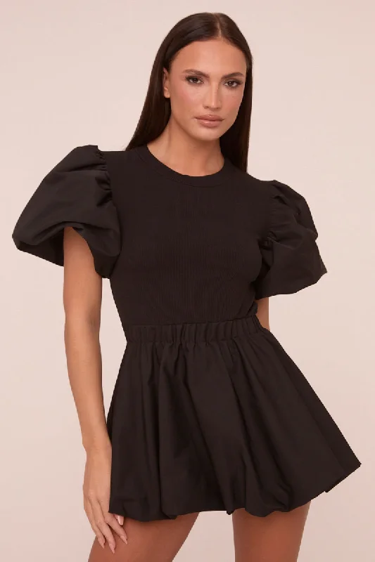 Black Puffball Hem Short Sleeves Mini Dress - Aldora Cozy Long Sleeve Mini Dress