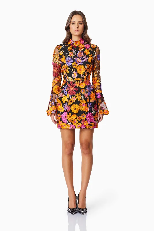 Elliatt Alessandra Long Sleeve Mini Dress - Orange Multi Cozy Jersey Mini Dress