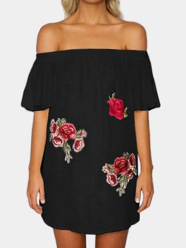 Embroidered Off The Shoulder Mini Dress Comfortable Shift Mini Dress