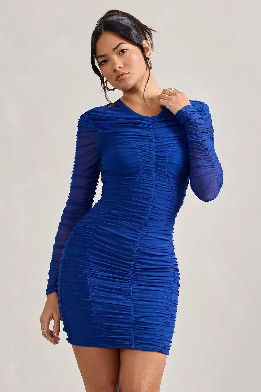 Euphoria | Cobalt Blue Ruched Long Sleeve Mini Dress Elegant Vintage Mini Dress