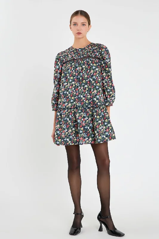 English Factory - Floral Print Pintuck Mini Dress Cozy A-Line Mini Dress