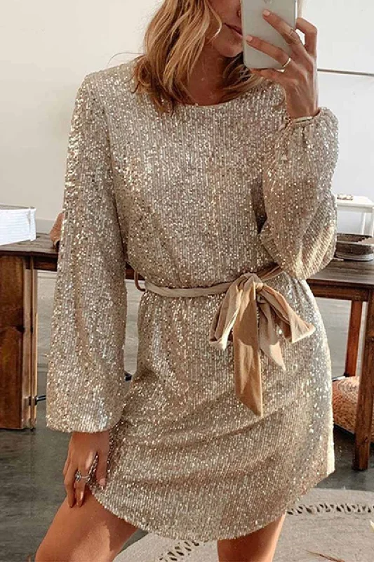 Round Neck Lamp Basket Sleeve Sequins Mini Dress Chic Puff Sleeve Mini Dress