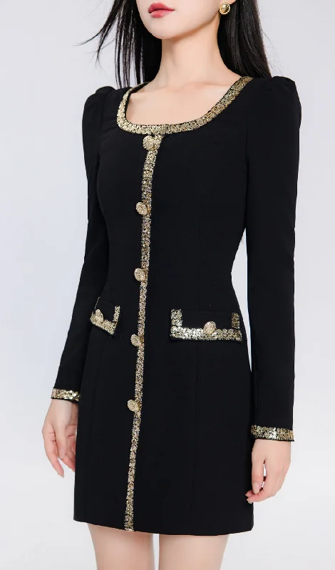 GOLD TRIM LONG SLEEVE MINI DRESS IN BLACK Trendy Lace Mini Dress