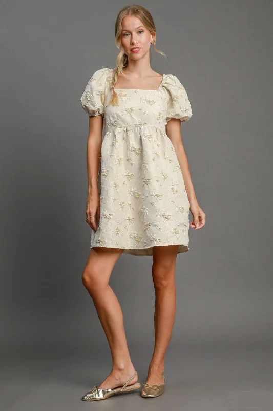 Heart Jacquard Square Neck Puff Sleeve Mini Dress Comfortable Linen Mini Dress