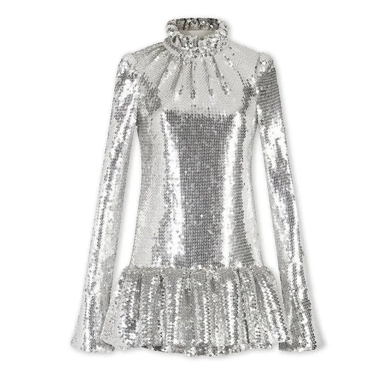 Kate Long Sleeve Ruffle Hem Sequin Mini Dress Cozy Cotton Mini Dress