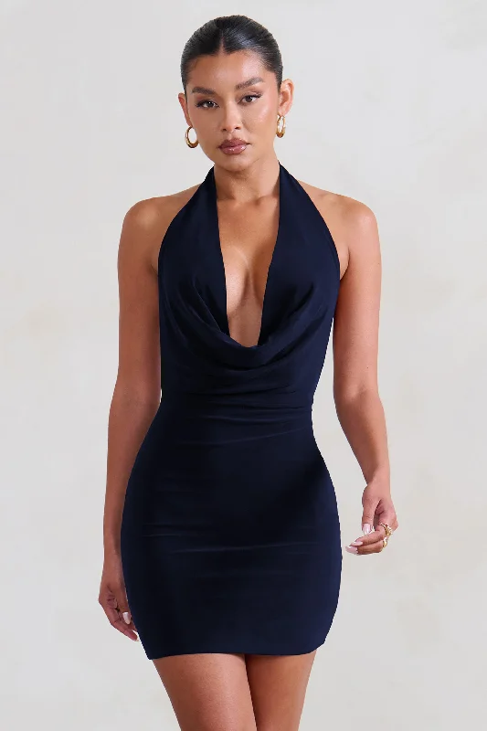 Liliana | Navy Cowl Neck Mini Dress Cozy Knit Mini Dress