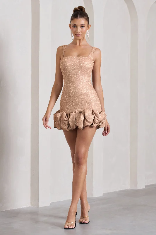 Lucy | Blush Glitter Strappy Micro Mini Dress With Ruffle Trim Stylish Short Sleeve Mini Dress